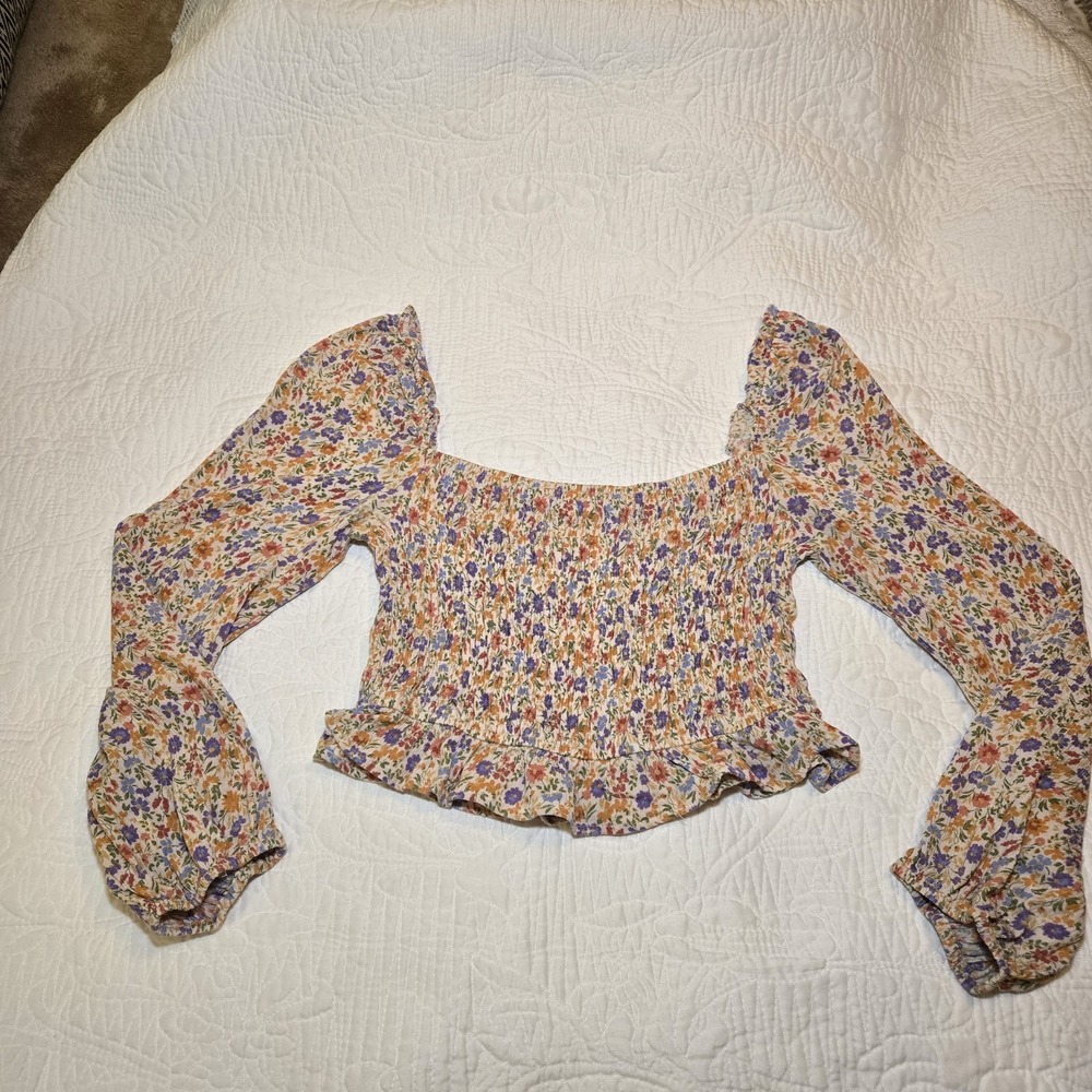 Bohme Smocked Crop Top Long Puff Sleeve Floral Pink Lavender Ivory Ruffle Large - Picture 6 of 14